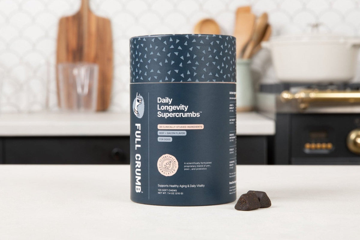 A jar of Full Crumb Daily Longevity Supercrumbs on a kitchen counter, with two soft chews beside it